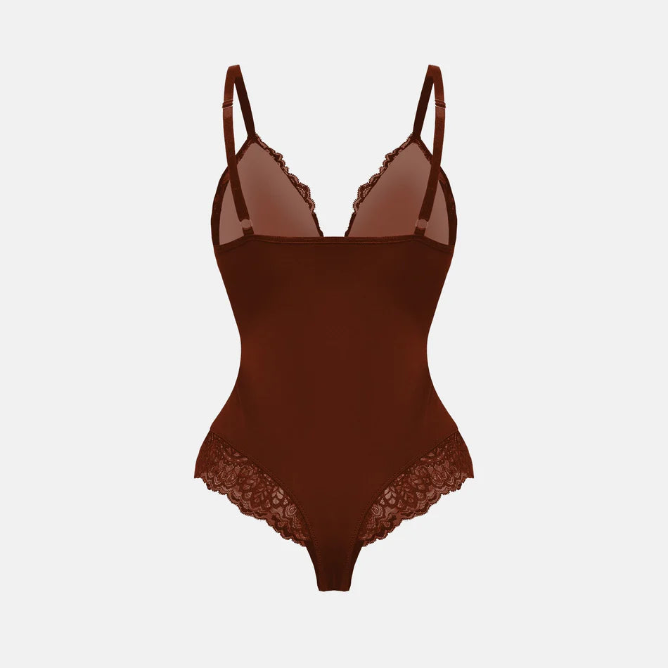 Deep-V Neck Lace Shapewear Bodysuit