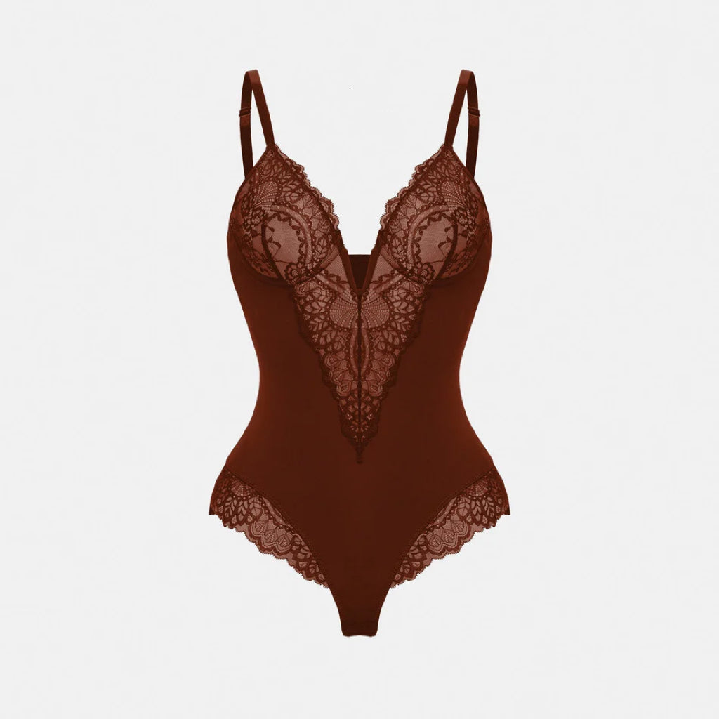 Deep-V Neck Lace Shapewear Bodysuit