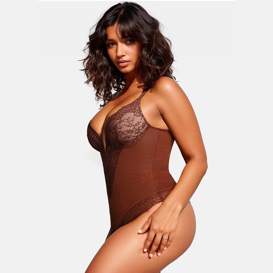 Deep-V Neck Lace Shapewear Bodysuit