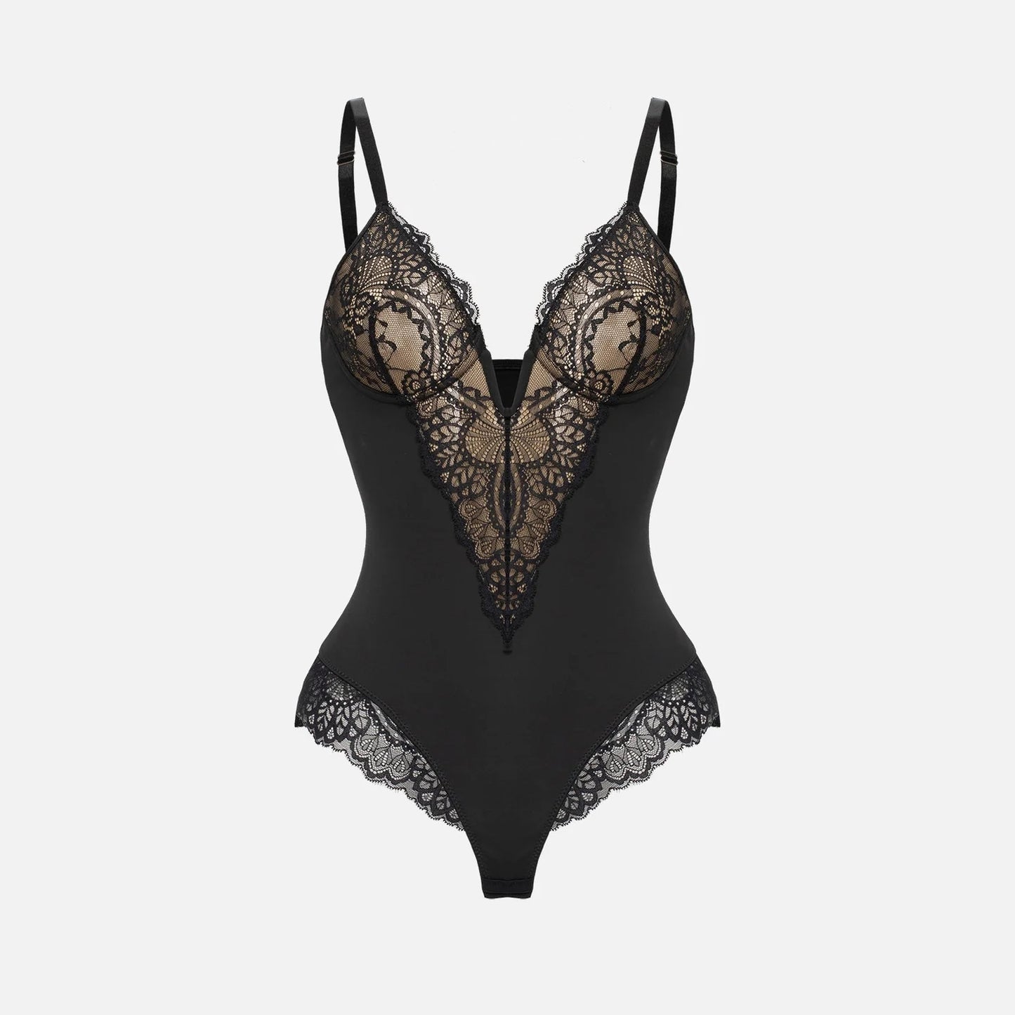 Deep-V Neck Lace Shapewear Bodysuit